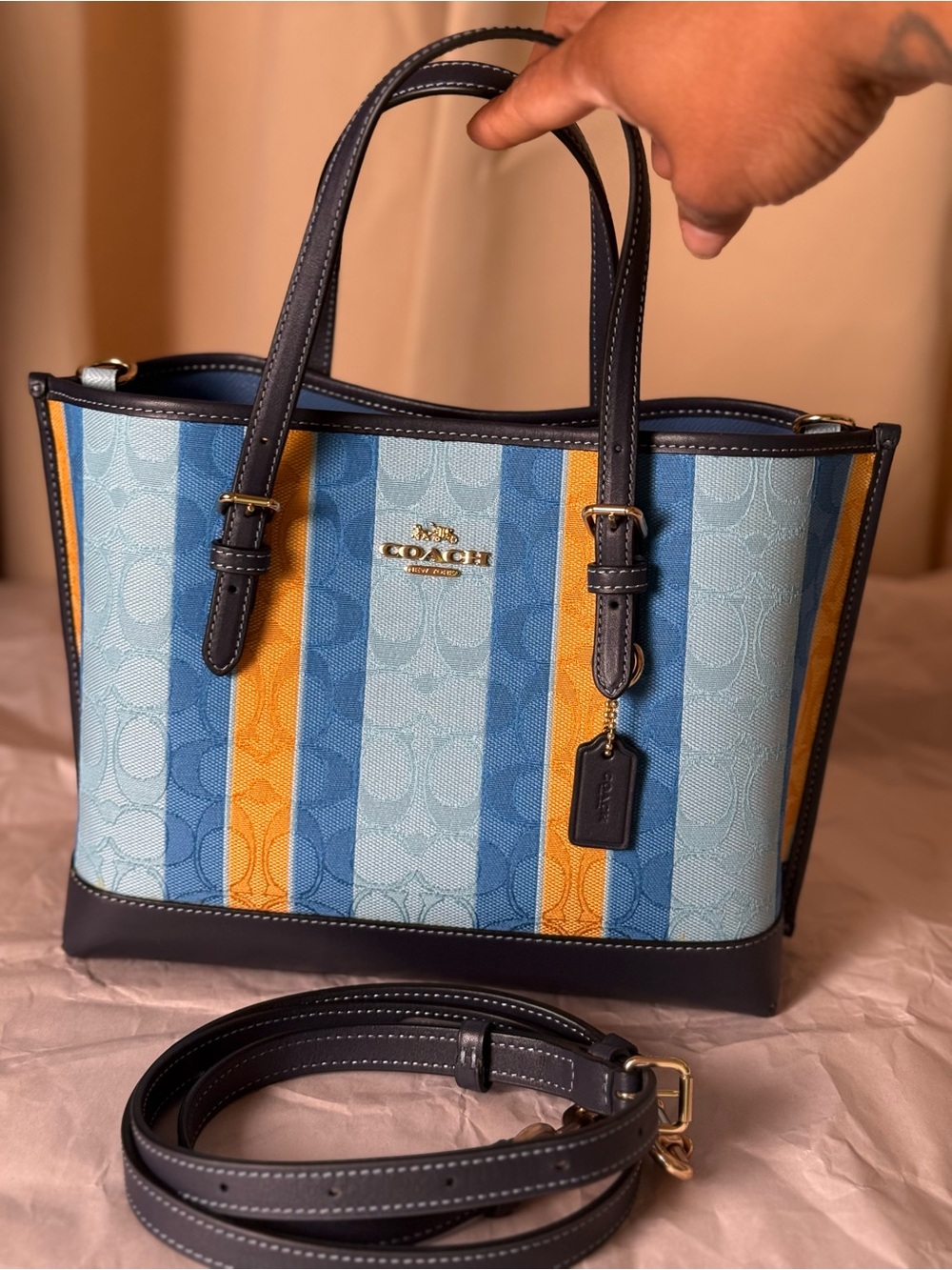 Coach Blue and Yellow Striped Small Tote with Navy Trim
